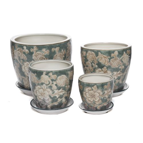 Pot - Floral Green and White - Ceramic